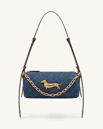 Lucienne Gesteppte Dackel-Schultertasche mit Kette - Blue Denim