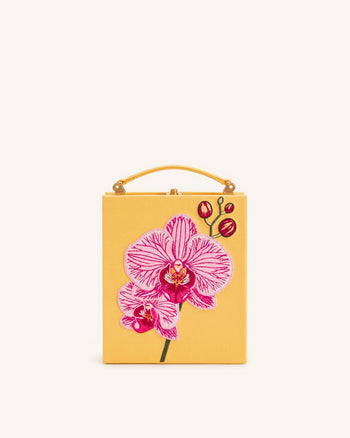 Taya Clutch in Buchform mit Orchideenmotiv - Gelb