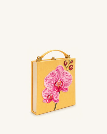 Taya Clutch in Buchform mit Orchideenmotiv - Gelb