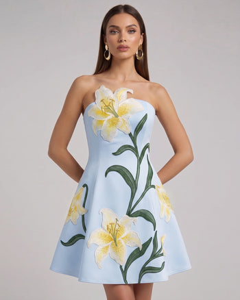 Lily Trägerloses A-Linien-Minikleid mit Blumenprint - Hellblau