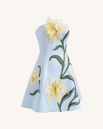 Lily Trägerloses A-Linien-Minikleid mit Blumenprint - Hellblau