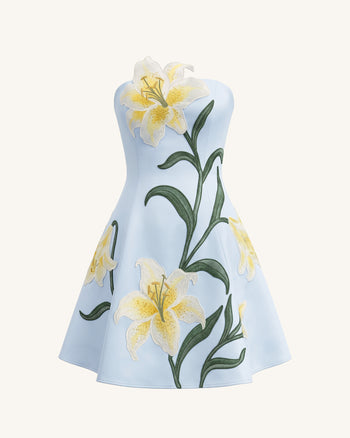 Lily Trägerloses A-Linien-Minikleid mit Blumenprint - Hellblau