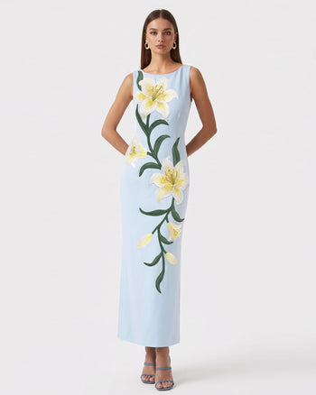Lily Ärmelloses Column-Maxikleid mit Blumenprint - Hellblau