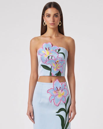 Lily Trägerloses Korsett-Top mit Blumenstickerei - Hellblau