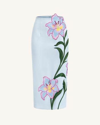Lily Floral bestickter High-Waist Midi-Bleistiftrock - Hellblau