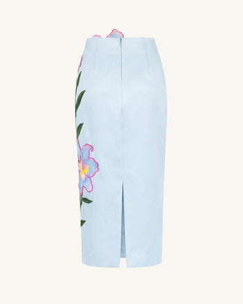 Lily Floral bestickter High-Waist Midi-Bleistiftrock - Hellblau