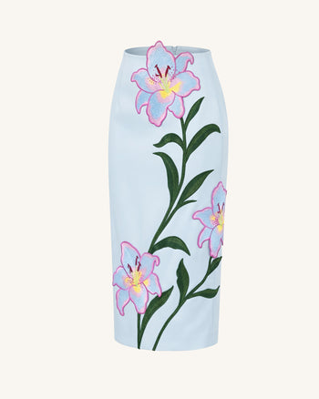 Lily Floral bestickter High-Waist Midi-Bleistiftrock - Hellblau