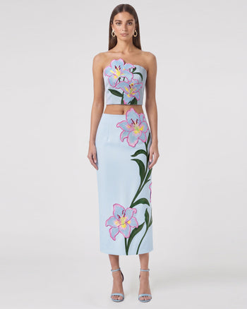 Lily Floral bestickter High-Waist Midi-Bleistiftrock - Hellblau