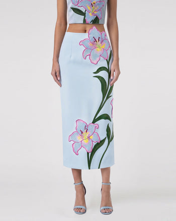 Lily Floral bestickter High-Waist Midi-Bleistiftrock - Hellblau