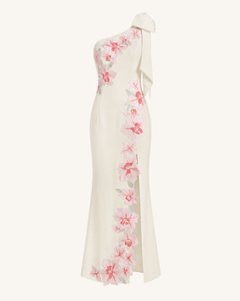 One-Shoulder-Maxikleid mit Blumenstickerei - Elfenbein