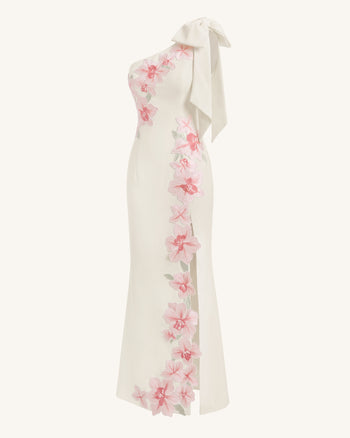 One-Shoulder-Maxikleid mit Blumenstickerei - Elfenbein