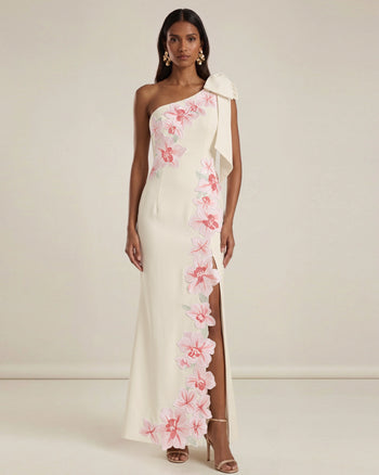 One-Shoulder-Maxikleid mit Blumenstickerei - Elfenbein
