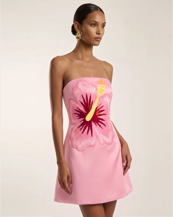 Bandeau-Minikleid mit Hibiskus-Stickerei - Pink