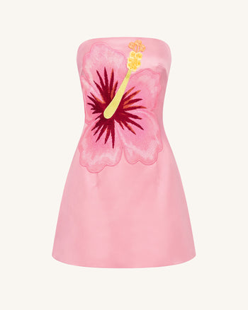 Bandeau-Minikleid mit Hibiskus-Stickerei - Pink
