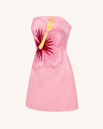 Bandeau-Minikleid mit Hibiskus-Stickerei - Pink