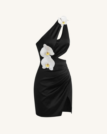 Cut-out-Minikleid mit Orchideen-Verzierung - Schwarz