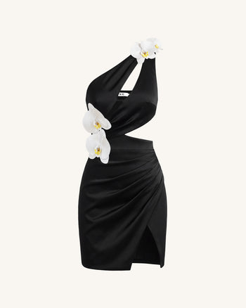 Cut-out-Minikleid mit Orchideen-Verzierung - Schwarz