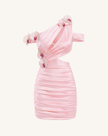 Gerafftes Cut-out-Minikleid mit Orchideen-Stickerei - Blush-Pink