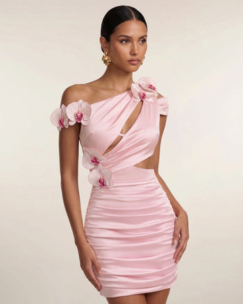 Gerafftes Cut-out-Minikleid mit Orchideen-Stickerei - Blush-Pink