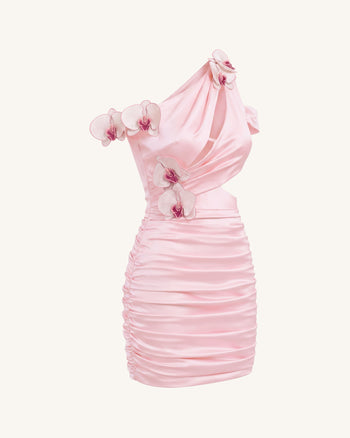 Gerafftes Cut-out-Minikleid mit Orchideen-Stickerei - Blush-Pink