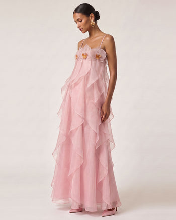 Maxikleid aus Organza mit Orchideenbestickung - Blush Pink