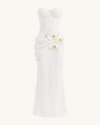 Korsett-Maxikleid mit Orchideen-Verzierung - Weiß