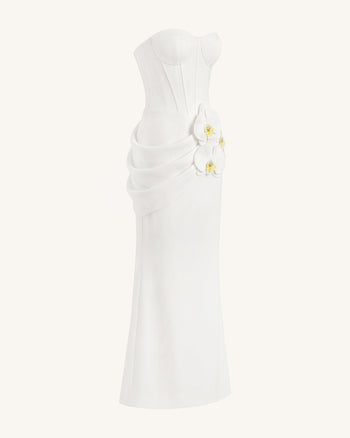 Korsett-Maxikleid mit Orchideen-Verzierung - Weiß