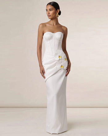 Korsett-Maxikleid mit Orchideen-Verzierung - Weiß