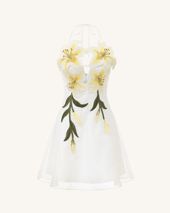 Neckholder-Minikleid mit Lily-Stickerei - Weiß