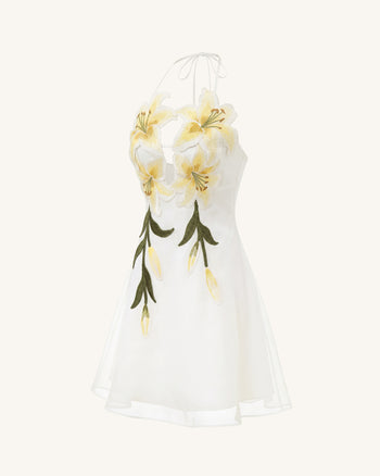 Neckholder-Minikleid mit Lily-Stickerei - Weiß