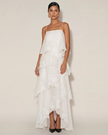 Mehrlagiges Maxikleid mit Orchideen-Stickerei - Weiß