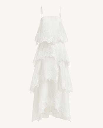 Mehrlagiges Maxikleid mit Orchideen-Stickerei - Weiß