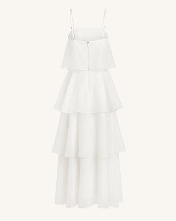 Mehrlagiges Maxikleid mit Orchideen-Stickerei - Weiß