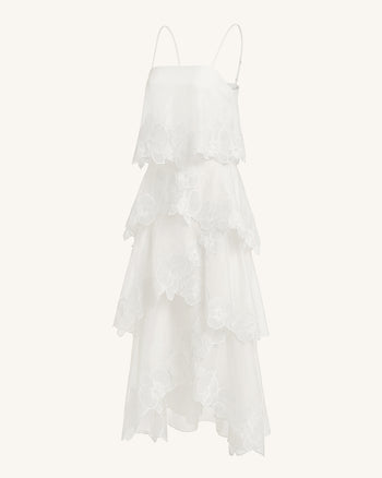 Mehrlagiges Maxikleid mit Orchideen-Stickerei - Weiß