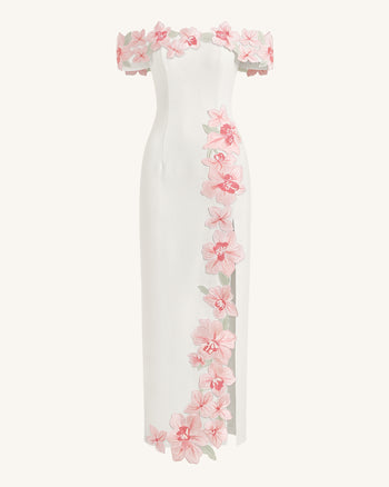 Schulterfreies Maxikleid mit Blumenstickerei - Elfenbein