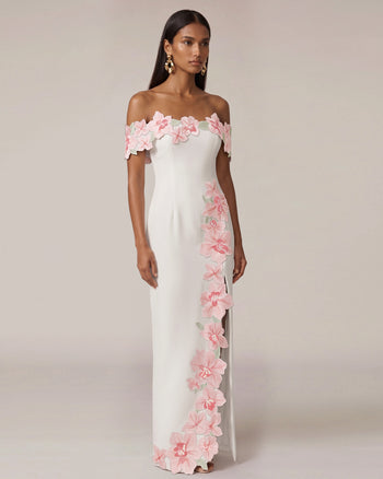 Schulterfreies Maxikleid mit Blumenstickerei - Elfenbein