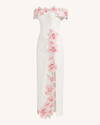 Schulterfreies Maxikleid mit Blumenstickerei - Elfenbein