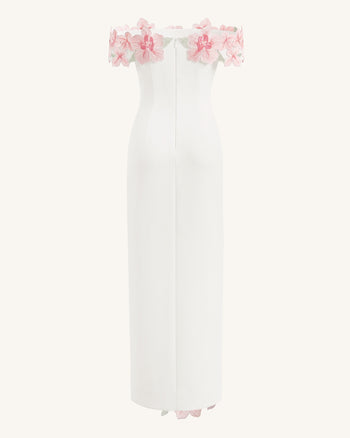 Schulterfreies Maxikleid mit Blumenstickerei - Elfenbein