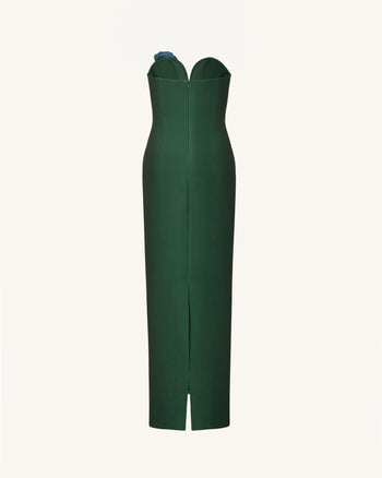 Trägerloses Maxikleid mit Iris-Stickerei und Kerbausschnitt – Smaragdgrün