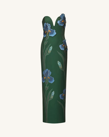 Trägerloses Maxikleid mit Iris-Stickerei und Kerbausschnitt – Smaragdgrün