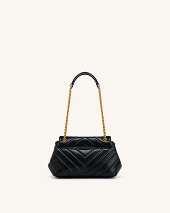 Valerie Gesteppte Schultertasche mit Überschlag und Kette - Schwarz