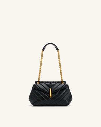 Valerie Gesteppte Schultertasche mit Überschlag und Kette - Schwarz