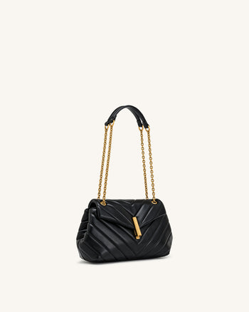 Valerie Gesteppte Schultertasche mit Überschlag und Kette - Schwarz