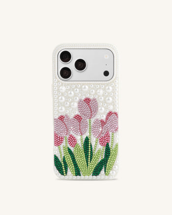 Handyhülle mit Tulpen-Kunstperlen - Weiß