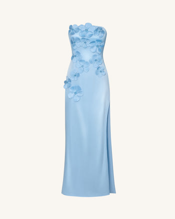 Langes Kleid mit Blumenstickerei - Blau