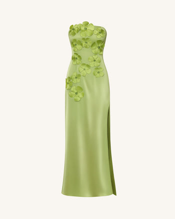 Langes Kleid mit Blumenstickerei - Grün