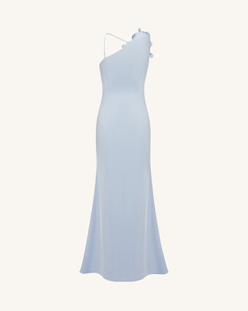 One-Schulter-Maxikleid mit Blumenapplikationen - Hellblau