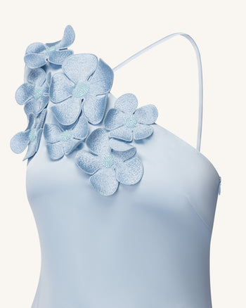 One-Schulter-Maxikleid mit Blumenapplikationen - Hellblau