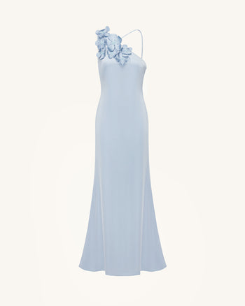 One-Schulter-Maxikleid mit Blumenapplikationen - Hellblau