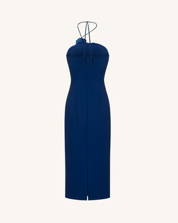 Neckholder-Midikleid mit Iris-Stickerei - Marineblau